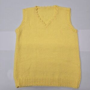 Vintage Handmade Yellow Knit V-Neck Sweater Vest Scalloped Trim Pullover